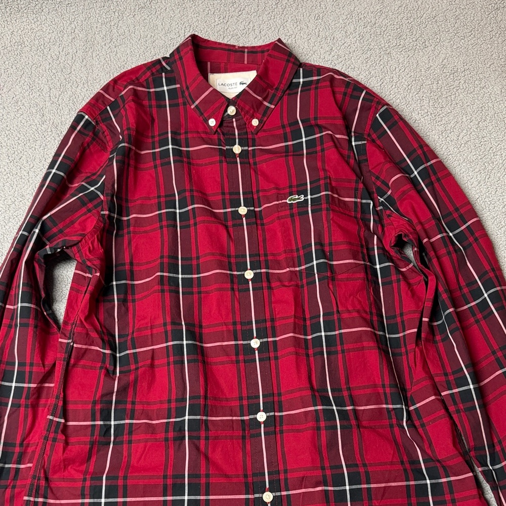 Lacoste Men's Red and Black Plaid Button Down Shirt